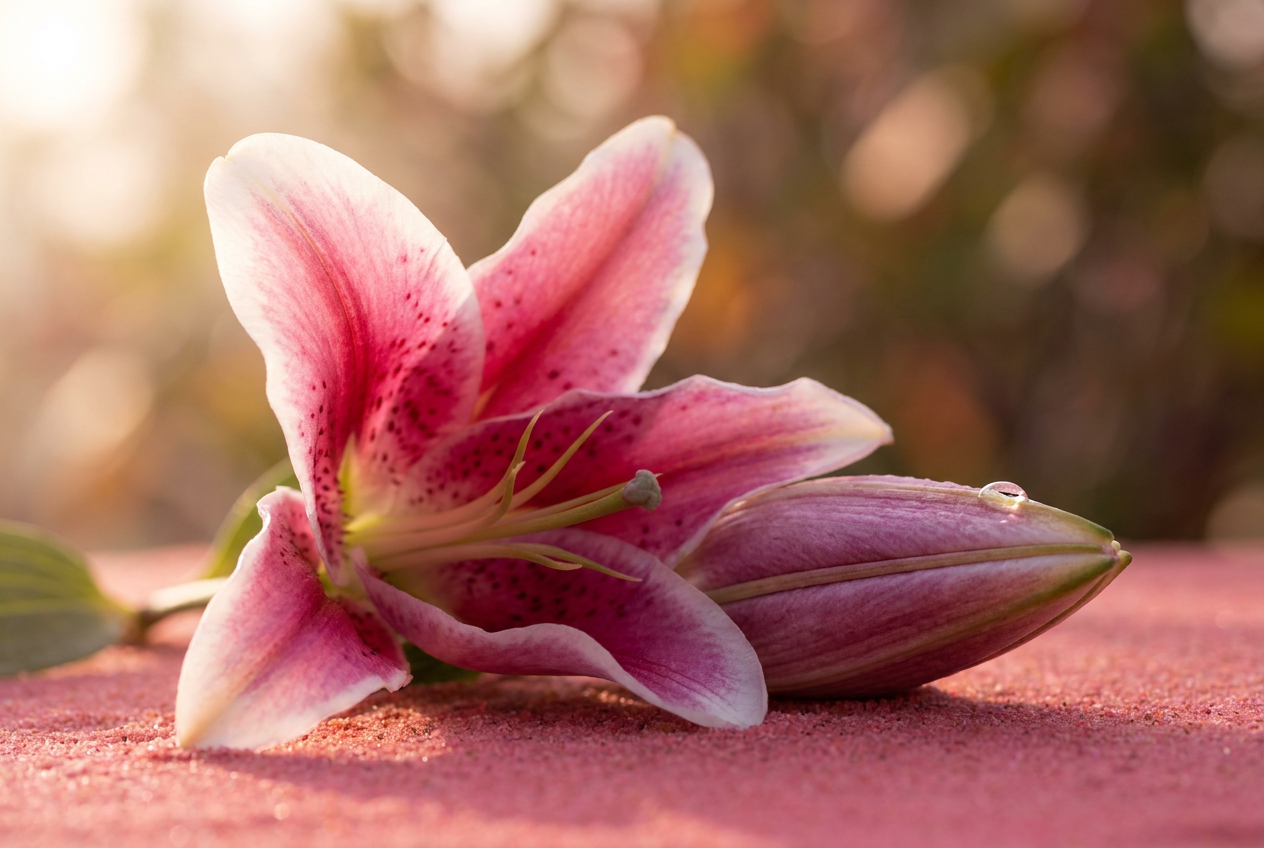 Open lily cradling a closed bud, folded gently together