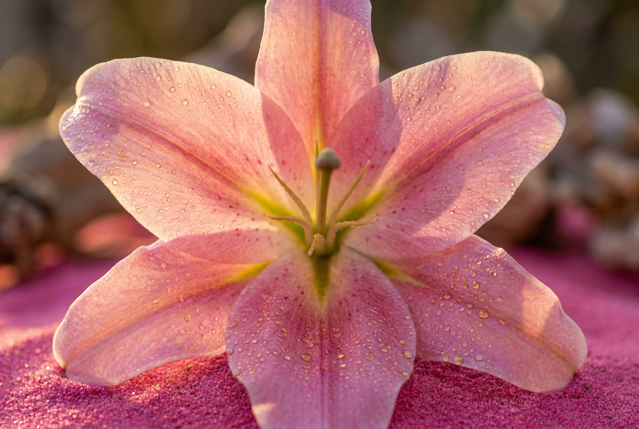 Fully open lily bloom from above, petals spread like a palm