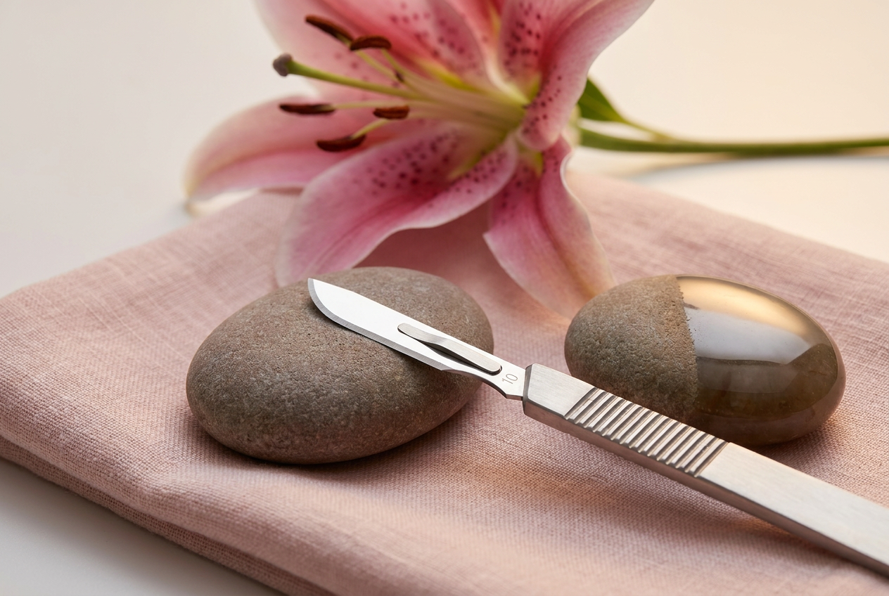 Gold spatula tool on pink linen with polished stone and pink lily