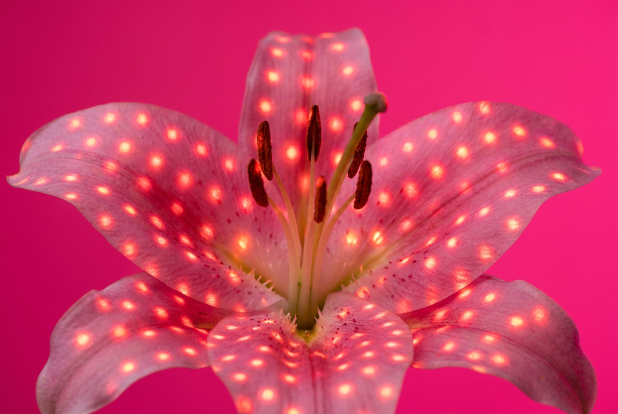 Pink stargazer lily bathed in dotted LED light on hot pink background