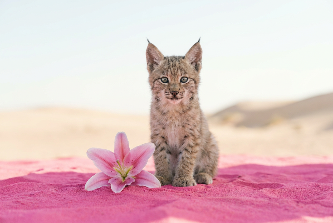 Baby lynx kitten sitting serenely with calm clear eyes beside a pink lily