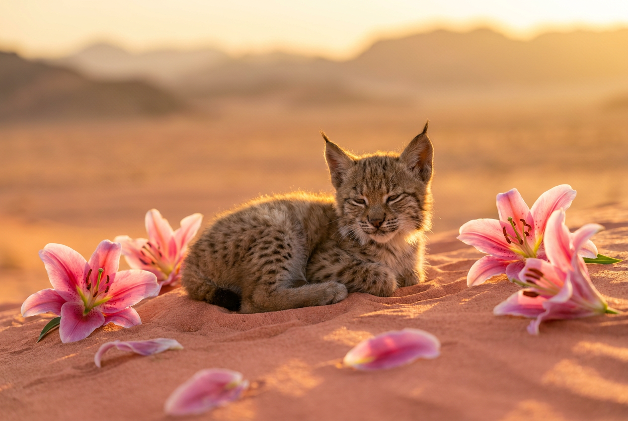 Baby lynx kitten basking in golden light among pink lilies