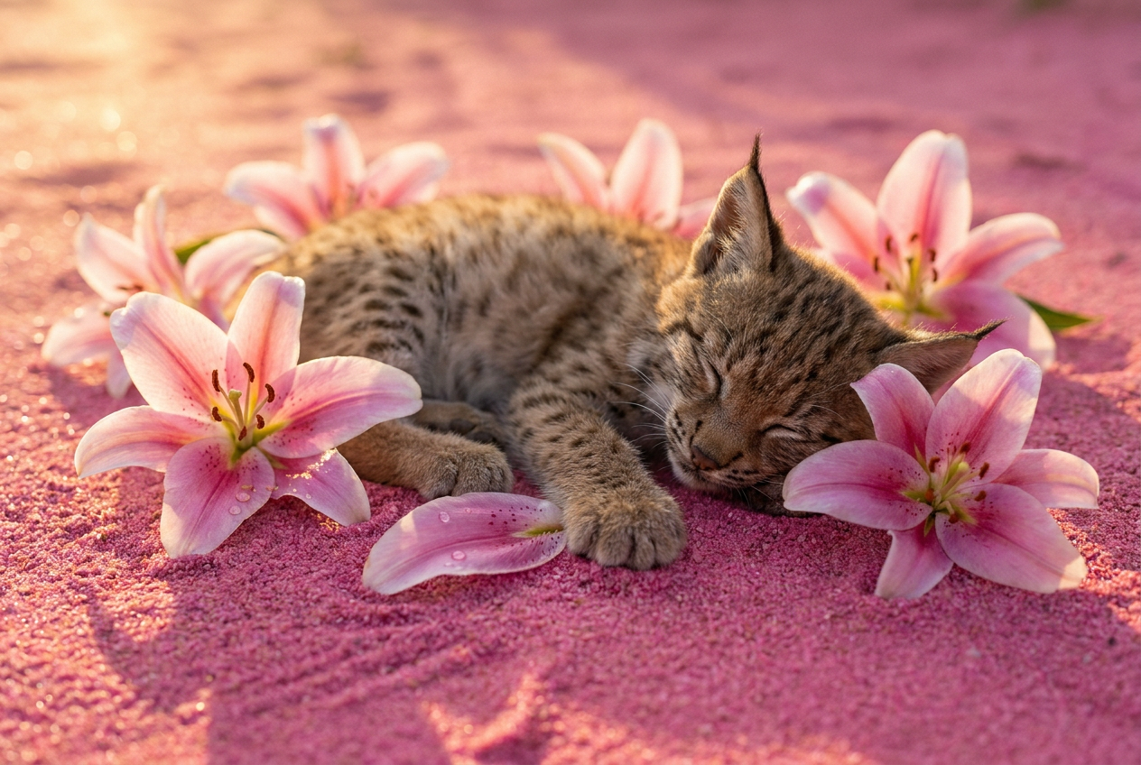 Baby lynx kitten sleeping peacefully among pink lilies