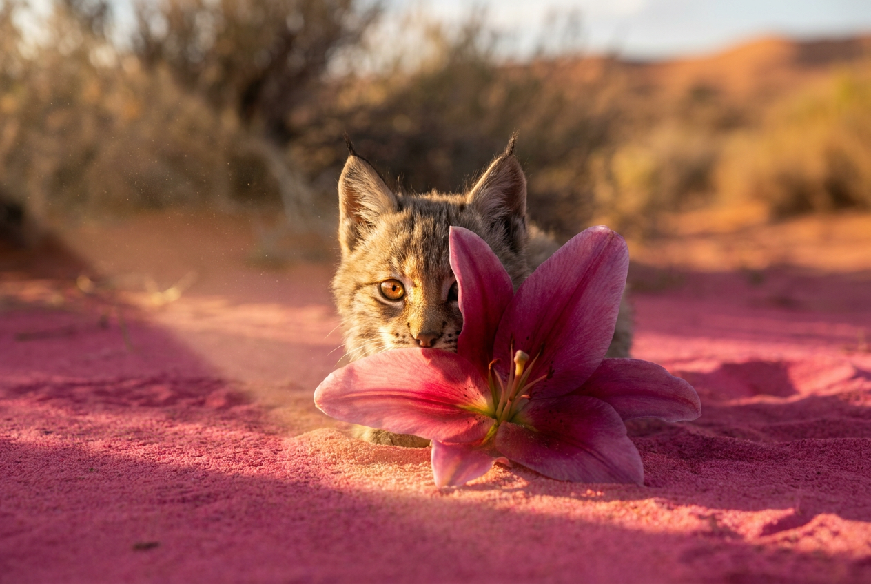 Baby lynx kitten emerging from behind a glowing pink lily, face half-lit