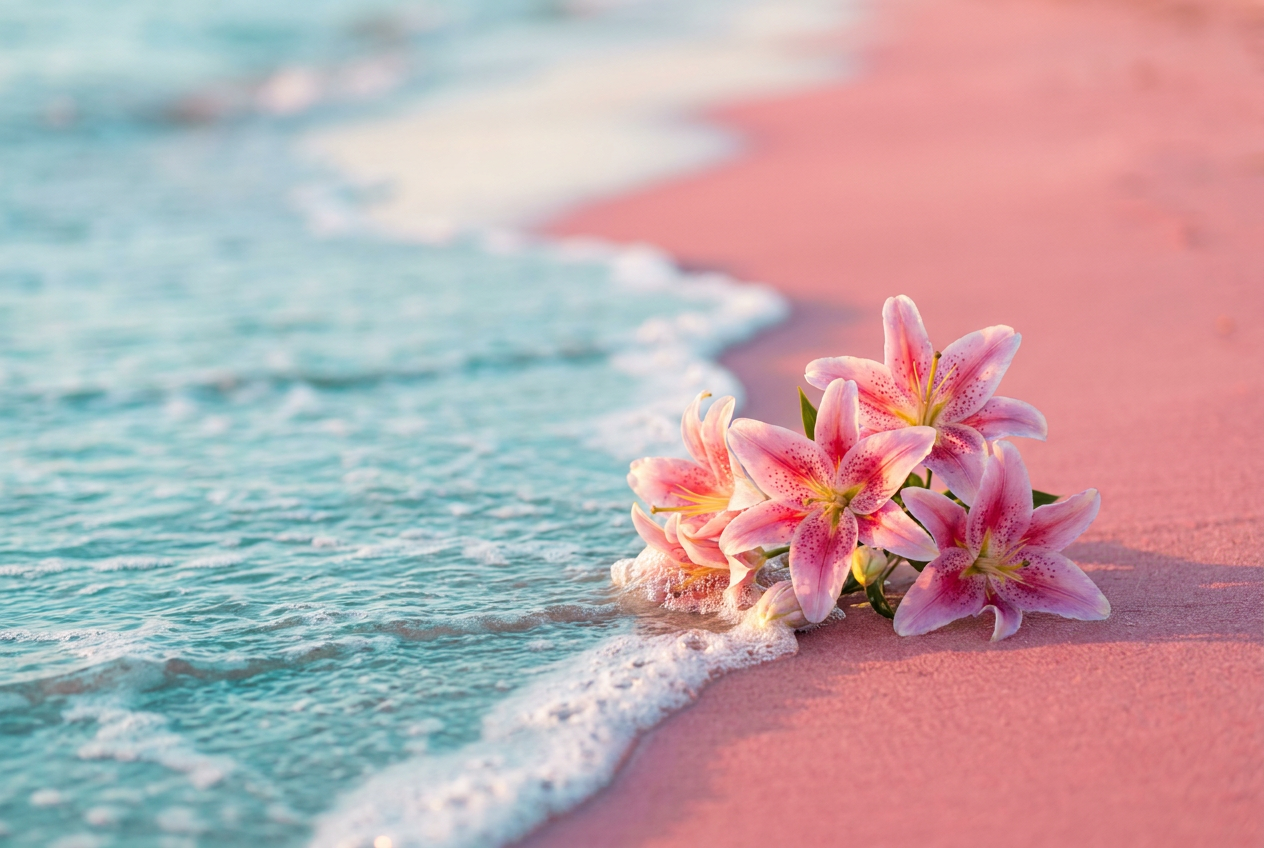 Gentle wave lapping at pink sand with stargazer lilies at the shoreline