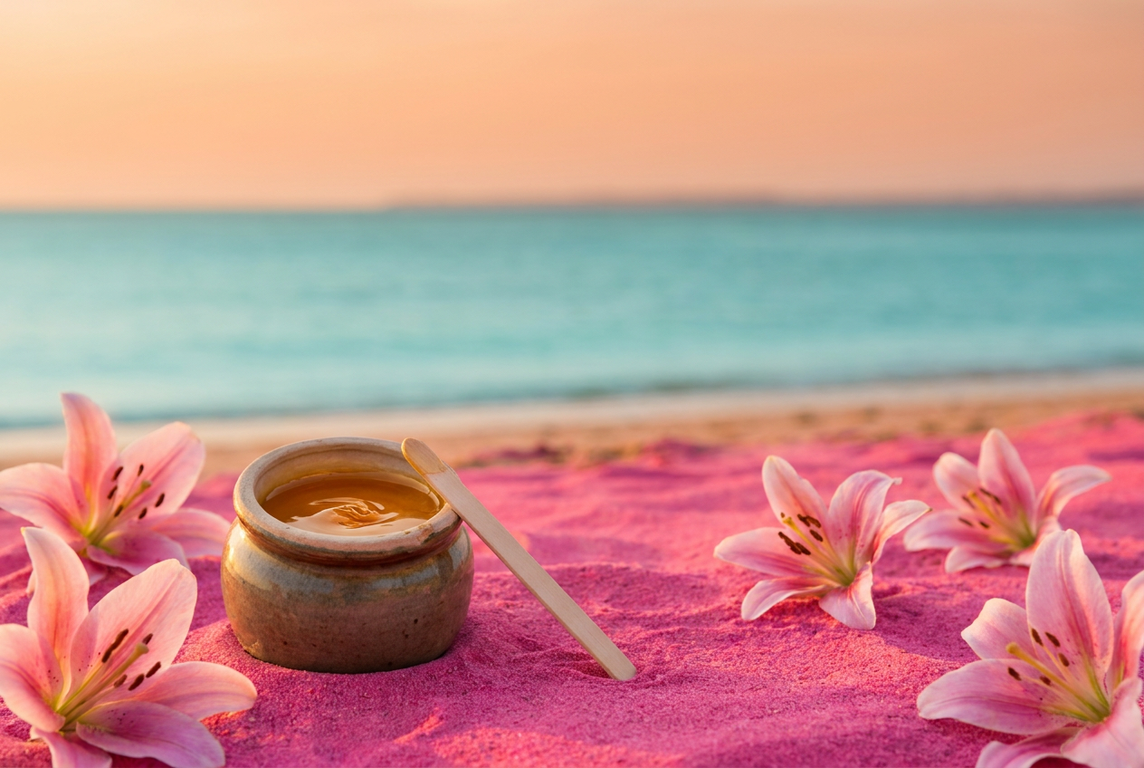 Ceramic jar of golden wax with wooden applicator on pink sand by turquoise ocean